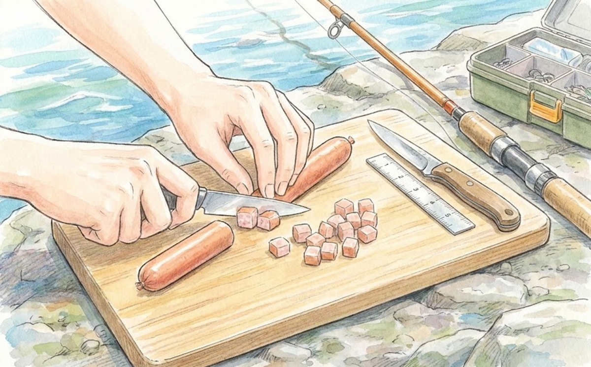 オイカワが釣れる魚肉ソーセージの大きさとカット方法