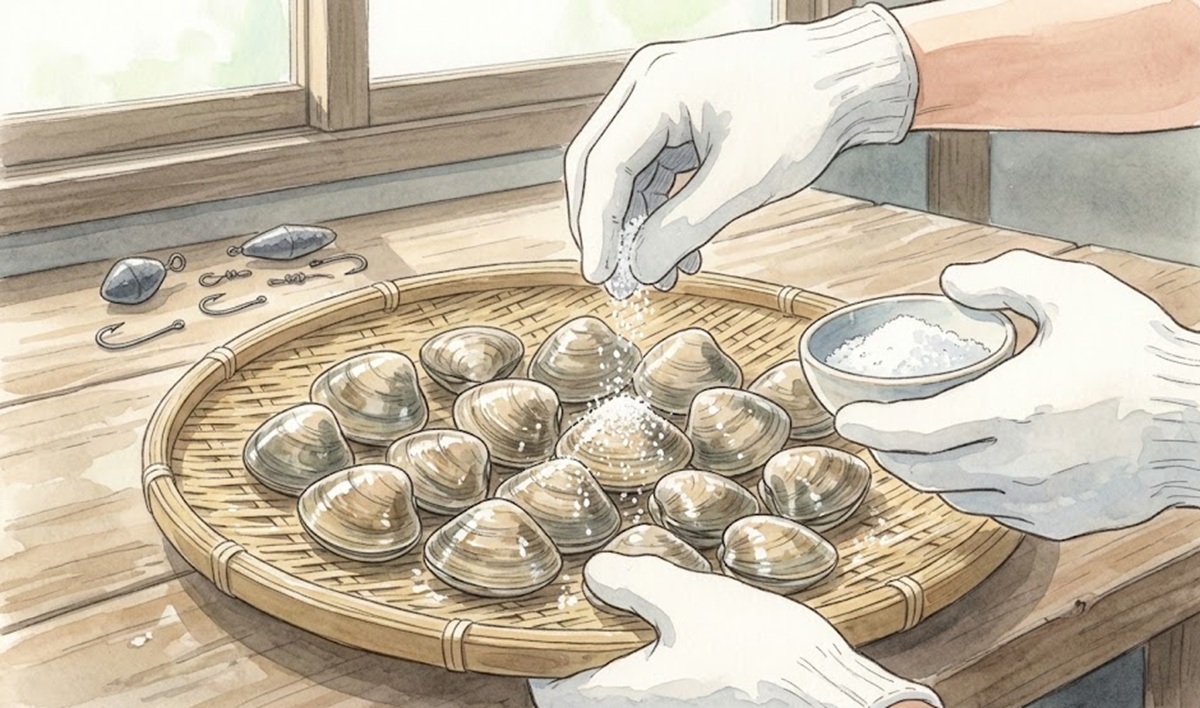 カワハギゲッチュなどルキユー製生アサリの塩締め加工と鮮度保持