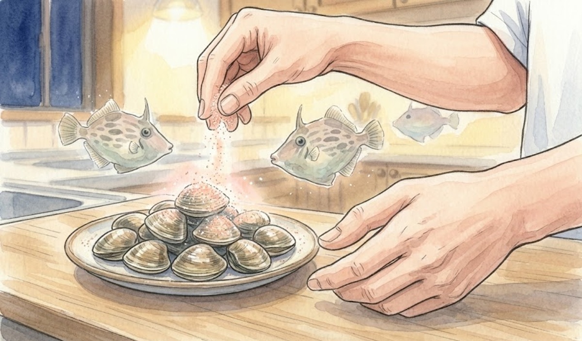 釣り人が専用添加剤を活用したアサリの再処理とカワハギの集魚強化